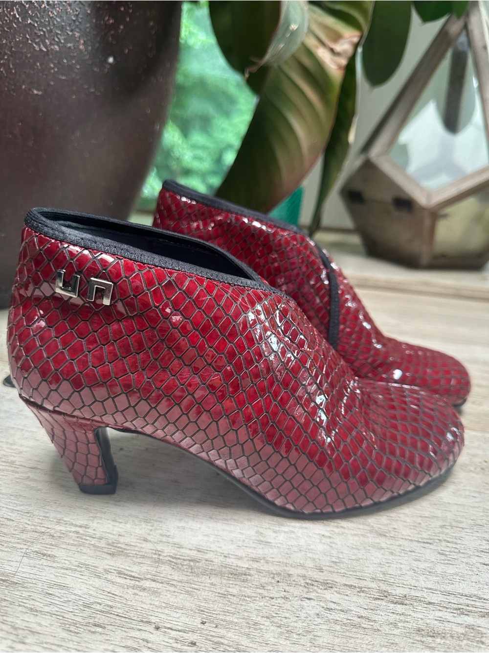 United Nude Red Snake-Embossed Heeled Ankle Boots 8.5